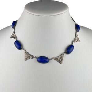 Vintage Czech Blue Glass Sterling Silver Necklace 16.5" Flowers Signed OCH 77